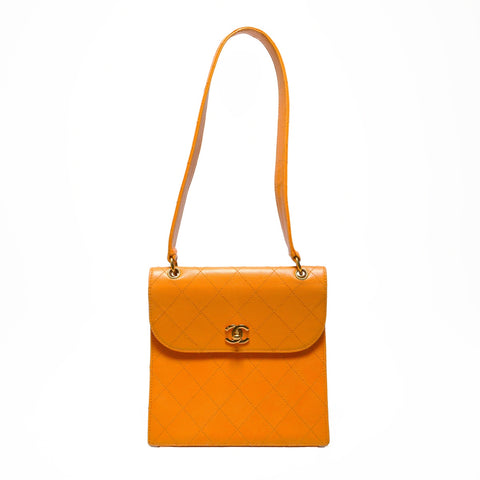 CHANEL No. 5 1997-1999 Diamond Caviar Turnlock COCO Mark Shoulder Bag Orange WS23474