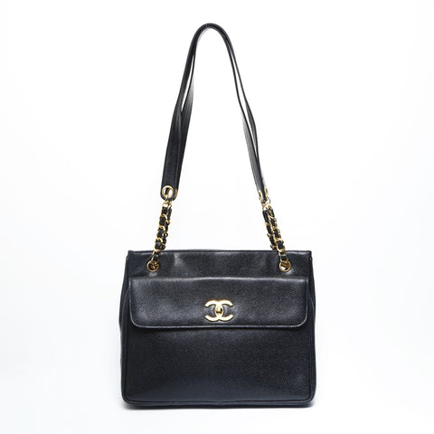 CHANEL No. 3 1994-1996 Caviar Turnlock Chen COCO Mark Tote Shoulder Bag black WS23476