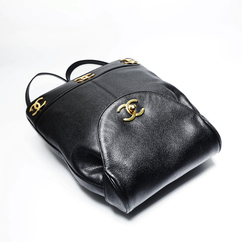 CHANEL No. 2 1991-1994 Triple COCO Mark Caviar Backpack  Daypack black WS23480
