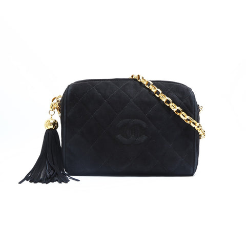 CHANEL No. 2 1991-1994 Suede COCO Mark Tassel Camera Shoulder Bag black WS23482