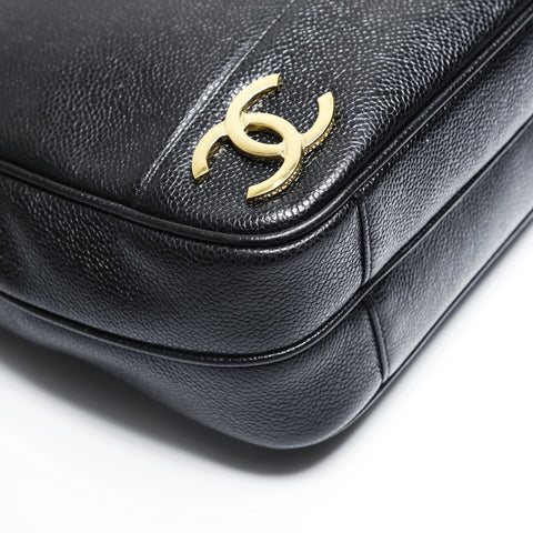 CHANEL No. 3 1994-1996 Caviar Skin Triple Coco Tote Shoulder Bag black WS23485