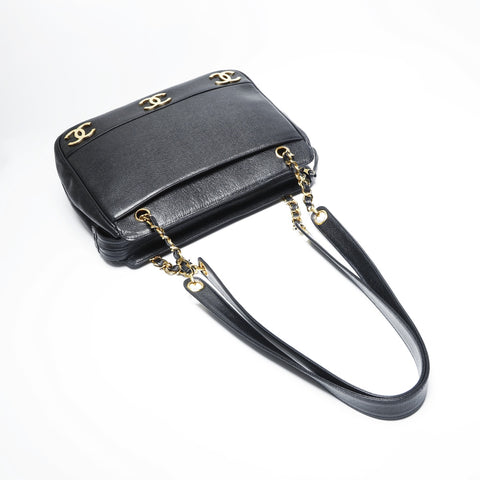 CHANEL No. 3 1994-1996 Caviar Skin Triple Coco Tote Shoulder Bag black WS23485