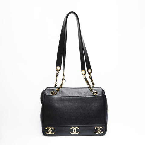 CHANEL No. 3 1994-1996 鱼子酱皮三重可可托特包 单肩包 黑色 WS23485