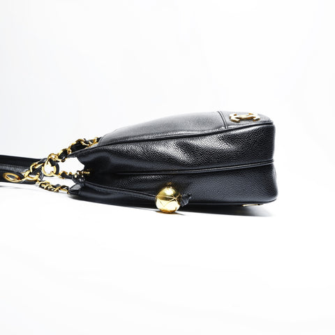 CHANEL No. 3 1994-1996 Caviar Skin Triple Coco Tote Shoulder Bag black WS23485