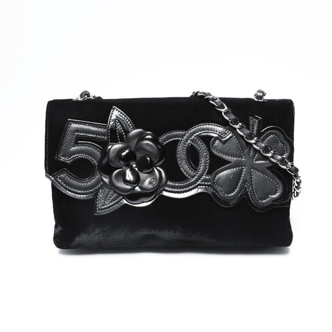 CHANEL 10 Series 2005-2006 Velour Camellia Single Chain Shoulder Bag black WS23489