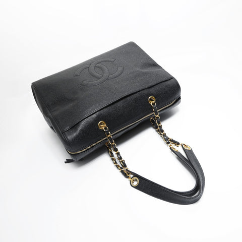 CHANEL No. 5 1997-1999 Caviar Skin Chain Tote Bag with Large COCO Mark Shoulder Bag black WS23495