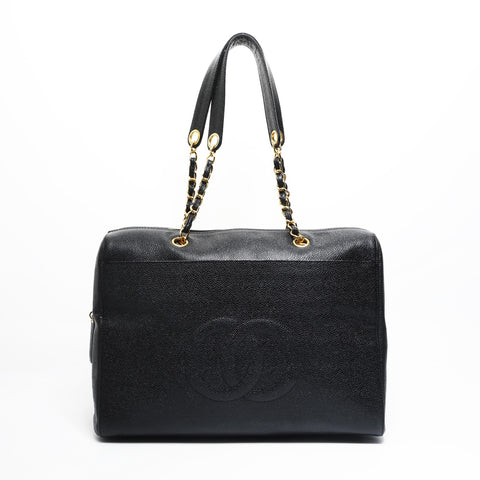 CHANEL No. 5 1997-1999 Caviar Skin Chain Tote Bag with Large COCO Mark Shoulder Bag black WS23495