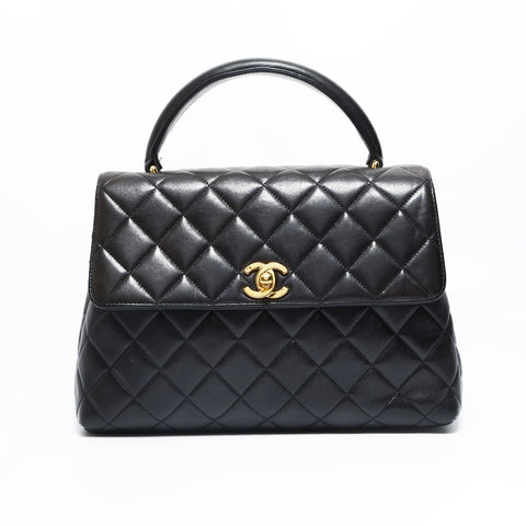 CHANEL No. 4 1996-1997 Lambskin Top Handle Kelly Style Matelasse Handbag black WS23496