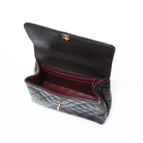 CHANEL No. 4 1996-1997 Lambskin Top Handle Kelly Style Matelasse Handbag black WS23496