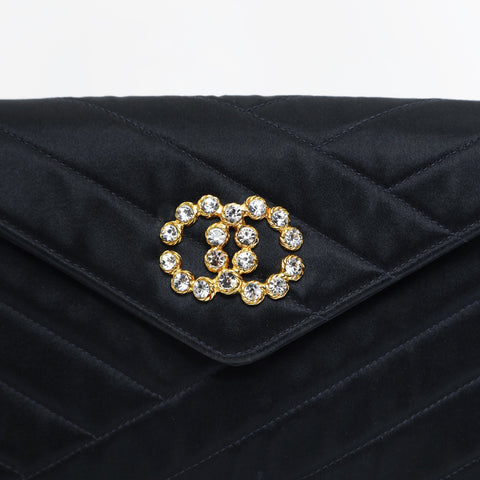 CHANEL No. 2 1991-1994 Satin COCO Mark Chevron Rhinestone Shoulder Bag black WS23504