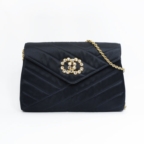 CHANEL No. 2 1991-1994 Satin COCO Mark Chevron Rhinestone Shoulder Bag black WS23504