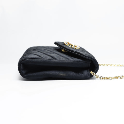 CHANEL No. 2 1991-1994 Satin COCO Mark Chevron Rhinestone Shoulder Bag black WS23504