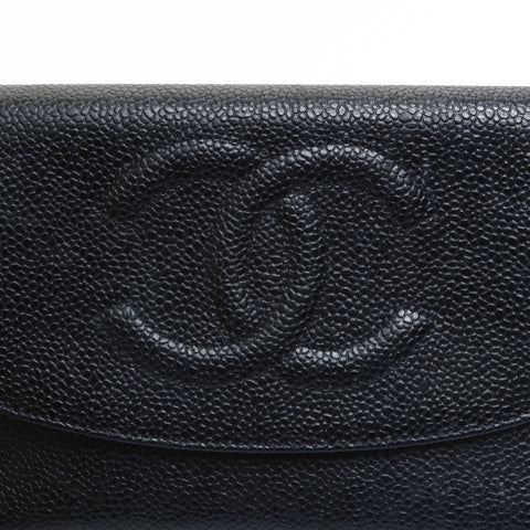 CHANEL No. 4 1996-1997 鱼子酱皮 COCO Mark 三折钱包 黑色 WS23555