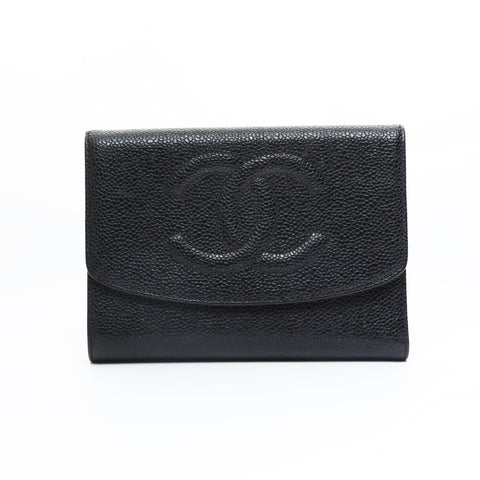CHANEL No. 4 1996-1997 Caviar Skin COCO Mark Tri-fold wallet black WS23555