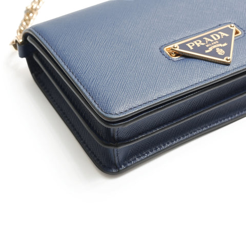PRADA Saffiano Leather Triangle Logo Chain Shoulder Bag blue WS23659
