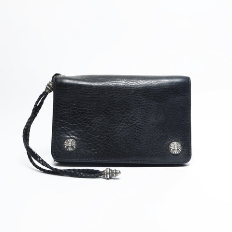 CHROME HEARTS 1 zip leather cross ball button Bifold Wallet black WS23677