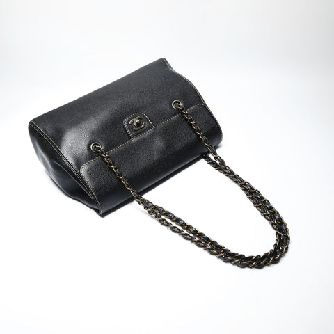 CHANEL No. 7 2002-2003 COCO Mark Caviar Skin Stitch Chain Shoulder Bag black WS23740