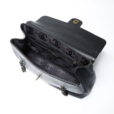 CHANEL No. 7 2002-2003 COCO Mark Caviar Skin Stitch Chain Shoulder Bag black WS23740