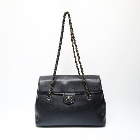 CHANEL No. 7 2002-2003 COCO Mark Caviar Skin Stitch Chain Shoulder Bag black WS23740