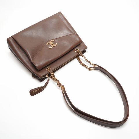 CHANEL No. 3 1994-1996 Caviar Skin Tote Chain Shoulder Bag Brown WS23795