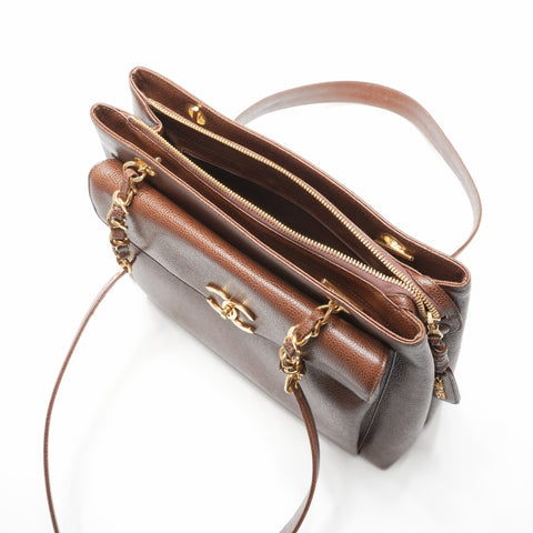 CHANEL No. 3 1994-1996 Caviar Skin Tote Chain Shoulder Bag Brown WS23795