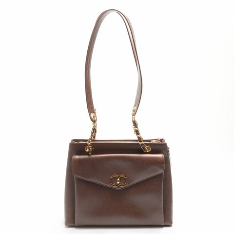 CHANEL No. 3 1994-1996 Caviar Skin Tote Chain Shoulder Bag Brown WS23795