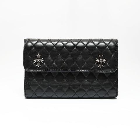 CHROME HEARTS Wave Quilted Leather Cross 3-Snap Tri-Fold Purse black WS23801