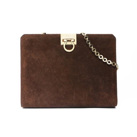 Salvatore Ferragamo Gancini Suede Shoulder Bag Brown WS23805