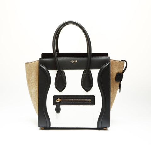 CELINE Luggage Micro Leather Suede Handbag Black White WS23816