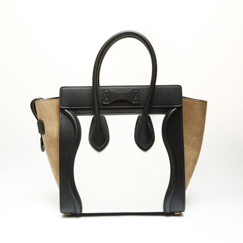 CELINE Luggage Micro Leather Suede Handbag Black White WS23816