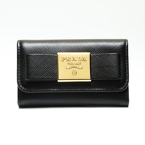 PRADA Saffiano Leather Fiocco Key holder  leather black WS23819