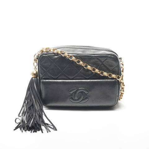 CHANEL No. 1 1989-1991 Lambskin Camera Bag with Chain and Tassel Shoulder Bag black WS23841
