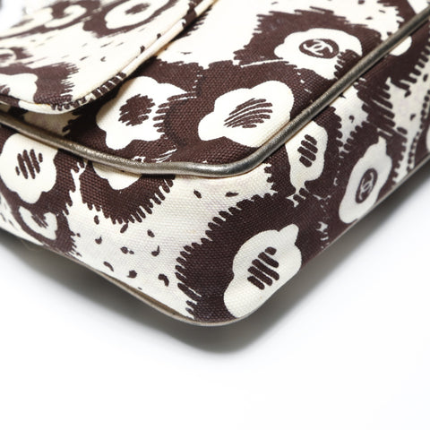 CHANEL 10 Series 2005-2006 Canvas Camellia Flap Chain Shoulder Bag Beige brown WS23844