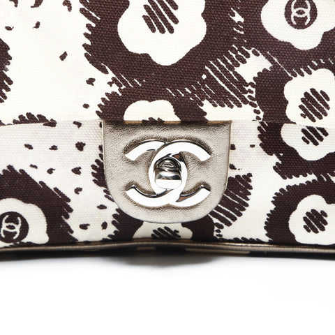 CHANEL 10 Series 2005-2006 Canvas Camellia Flap Chain Shoulder Bag Beige brown WS23844
