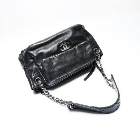 CHANEL 10 series 2005-2006 Lambskin Chain Wild Stitch Shoulder Bag black WS23849