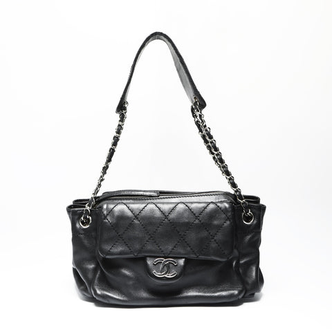 CHANEL 10 series 2005-2006 Lambskin Chain Wild Stitch Shoulder Bag black WS23849