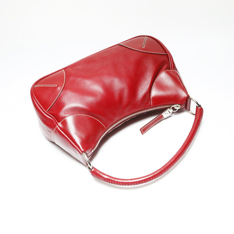 PRADA Leather Triangle Logo Hobo Handbag Red WS23896