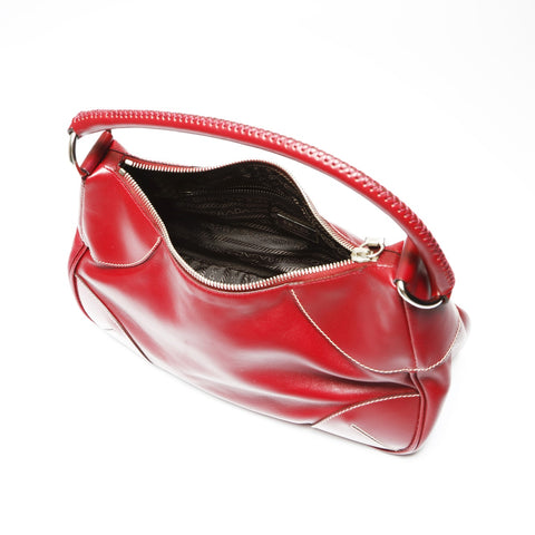 PRADA Leather Triangle Logo Hobo Handbag Red WS23896