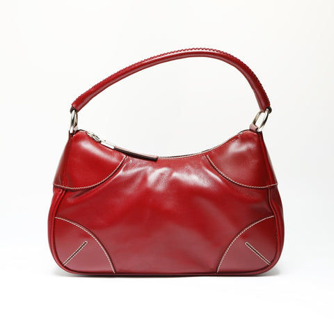 PRADA Leather Triangle Logo Hobo Handbag Red WS23896