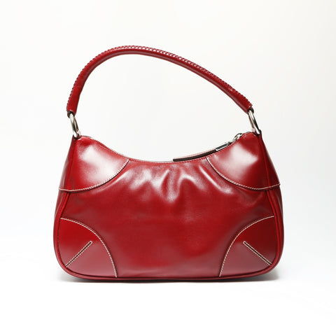 PRADA Leather Triangle Logo Hobo Handbag Red WS23896
