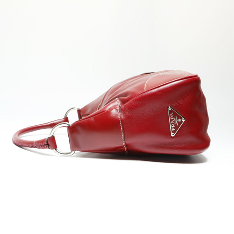 PRADA Leather Triangle Logo Hobo Handbag Red WS23896