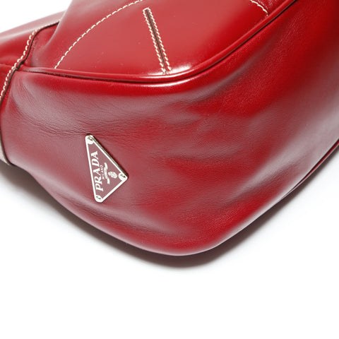 PRADA Leather Triangle Logo Hobo Handbag Red WS23896