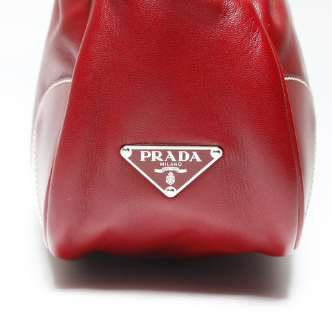 PRADA Leather Triangle Logo Hobo Handbag Red WS23896