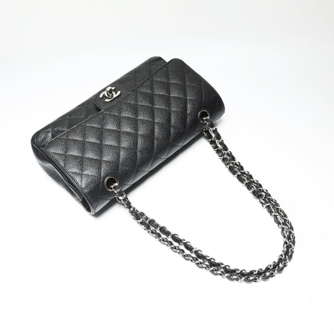 CHANEL 17th series 2012-2013 Caviar Skin Double Flap 9.8" Matelasse Silver Metal Shoulder Bag black WS23908