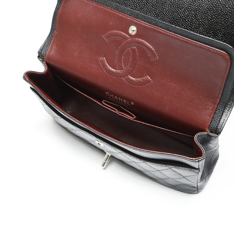 CHANEL 17th series 2012-2013 Caviar Skin Double Flap 9.8" Matelasse Silver Metal Shoulder Bag black WS23908