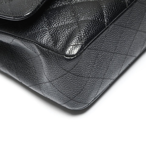 CHANEL 17th series 2012-2013 Caviar Skin Double Flap 9.8" Matelasse Silver Metal Shoulder Bag black WS23908