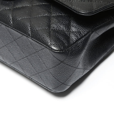 CHANEL 17th series 2012-2013 Caviar Skin Double Flap 9.8" Matelasse Silver Metal Shoulder Bag black WS23908