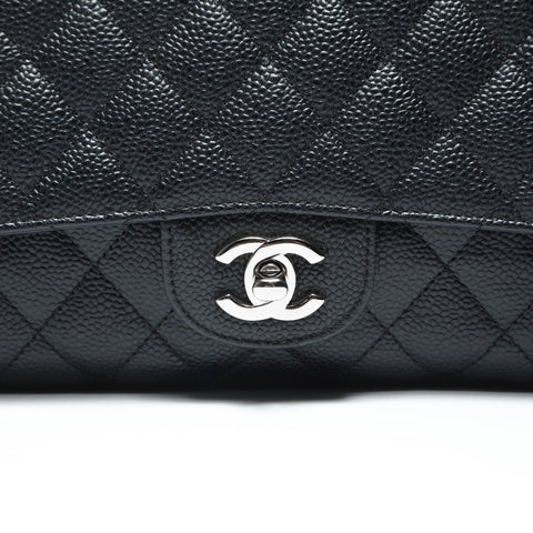 CHANEL 17th series 2012-2013 Caviar Skin Double Flap 9.8" Matelasse Silver Metal Shoulder Bag black WS23908