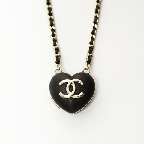 CHANEL B22K 2022 COCO Mark Black Heart Mirror Necklace Gold black WS23918