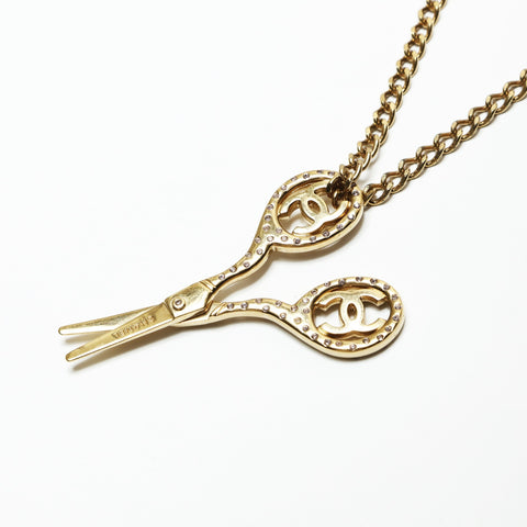 CHANEL 02P 2002 COCO Mark Scissors Rhinestone Necklace gold WS23922